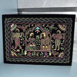 Handcrafted Kantha Textile Embroidery 13"x9.5" Vibrant Garden Folk Wall Art